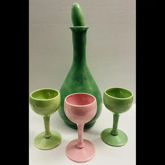 Vintage Green Ceramic Vase Signed DS- w/ 3 Wine Glass - Dated Back 1951 Original - Picture 1 of 7